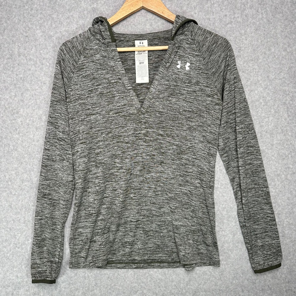 Under Armour Womens Allseason Gear Hooded V Neck Long Sleeve Shirt XS Gray Green